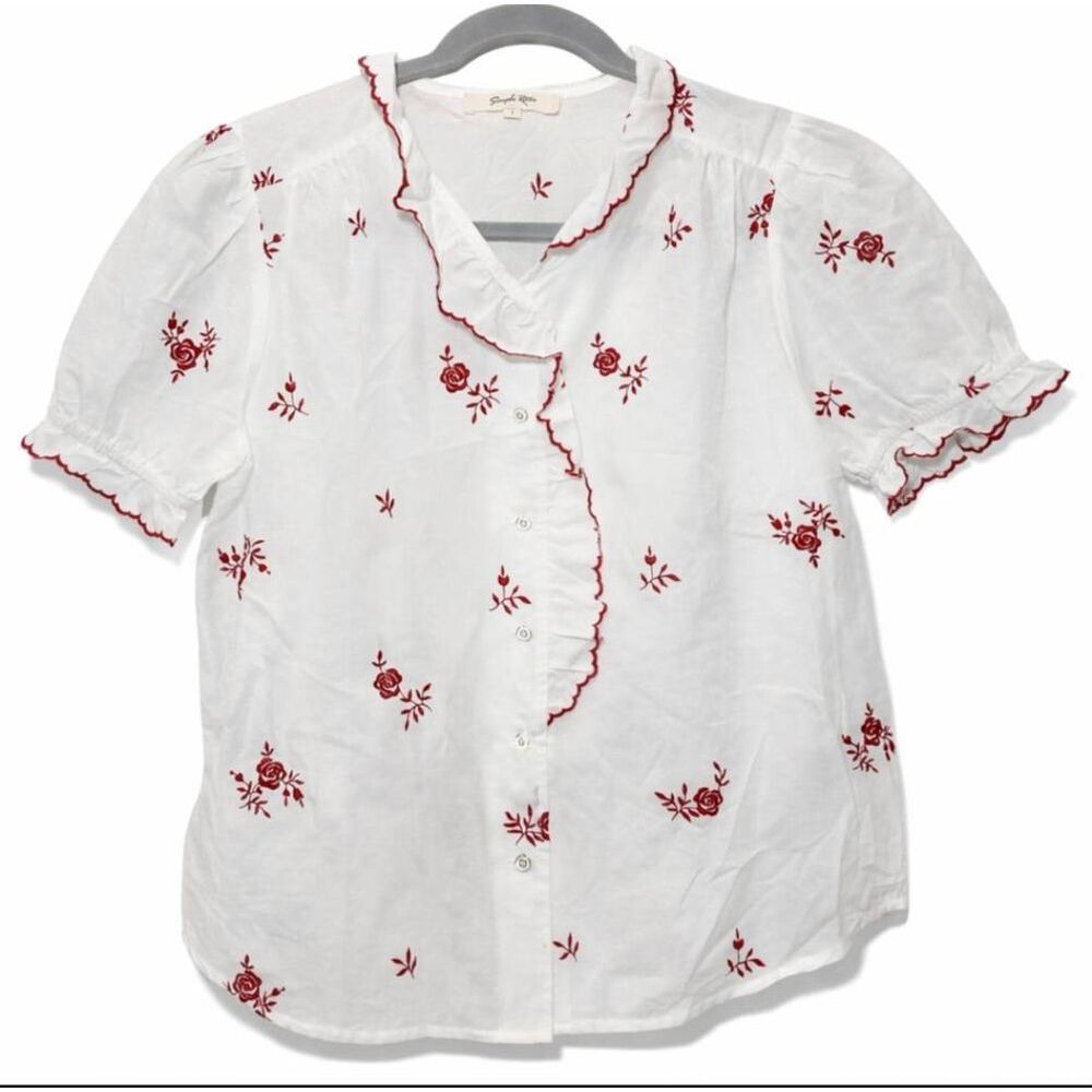 Simple retro womens small white red embroidery shirt ruffle top